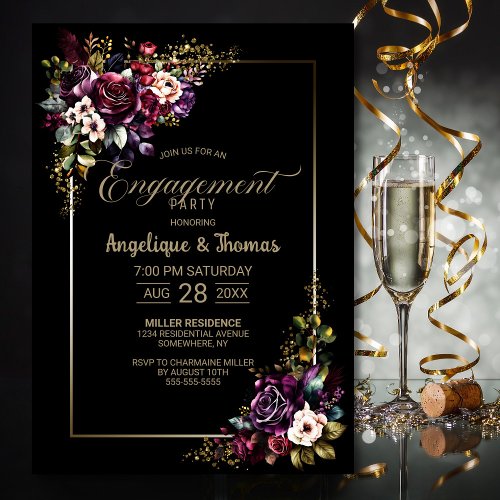 Purple Burgundy Floral Black Engagement Party Invitation