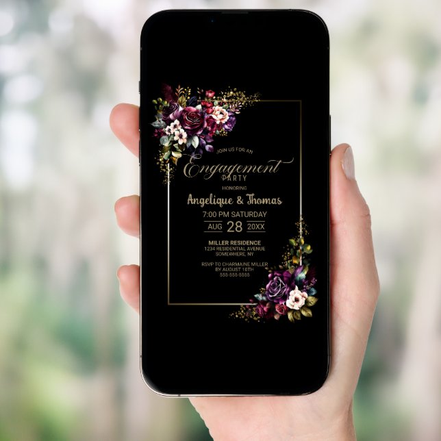 Purple Burgundy Floral Black Engagement Party Invitation (Front Digital)