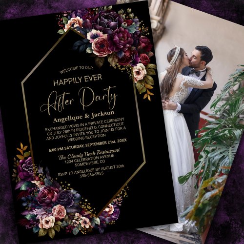 Purple Burgundy Floral Black Wedding After Party Invitation