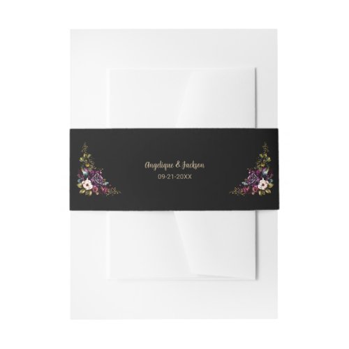Purple Burgundy Floral Black Wedding Invitation Belly Band