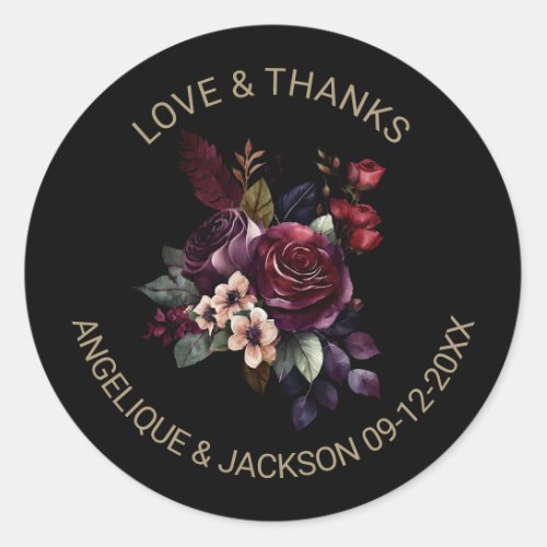 Purple Burgundy Floral Black Wedding Thank You Classic Round Sticker