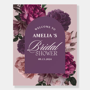 Purple burgundy floral Bridal shower Welcome sign