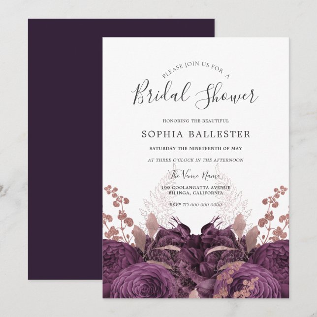 Purple Burgundy Floral Elegant Bridal Shower Invitation (Front/Back)