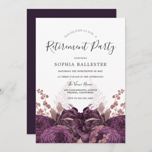 Purple Burgundy Floral Elegant Retirement Party Invitation