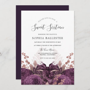 Purple Burgundy Floral Elegant Sweet 16 Party Invitation