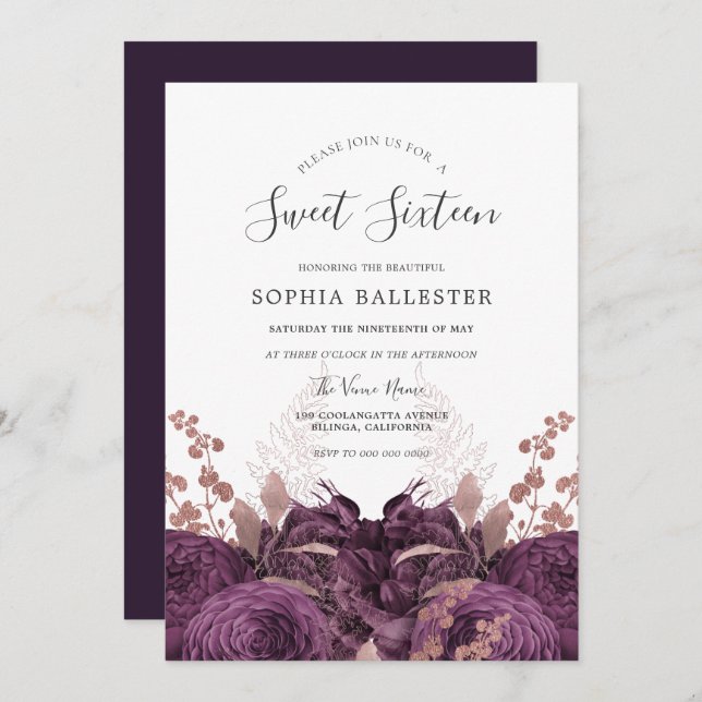 Purple Burgundy Floral Elegant Sweet 16 Party Invitation (Front/Back)