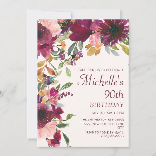 Purple Burgundy Floral Greenery 90th Birthday Invitation