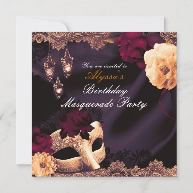 Purple & Burgundy Floral & Lace Masquerade Party Invitation (Front)
