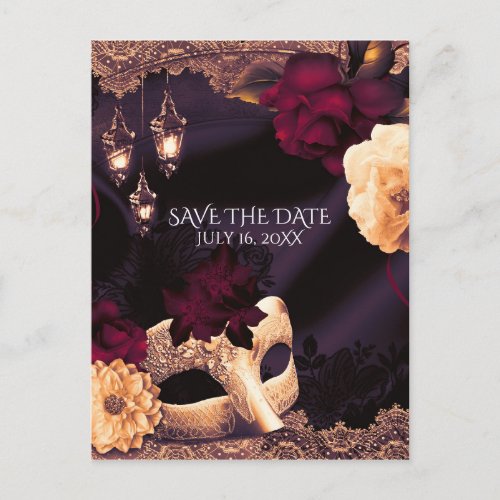Purple  Burgundy Floral Masquerade Save the Date Announcement Postcard