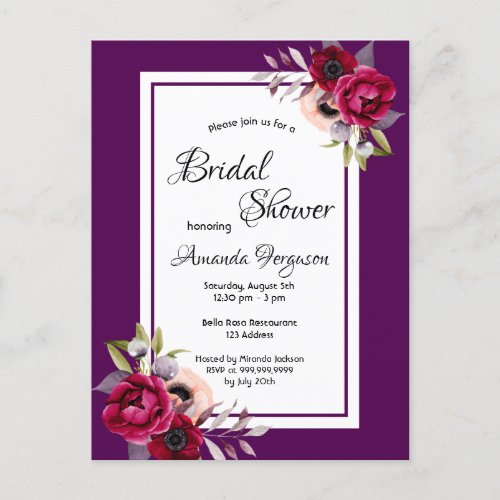 Purple burgundy florals bridal shower invitation postcard