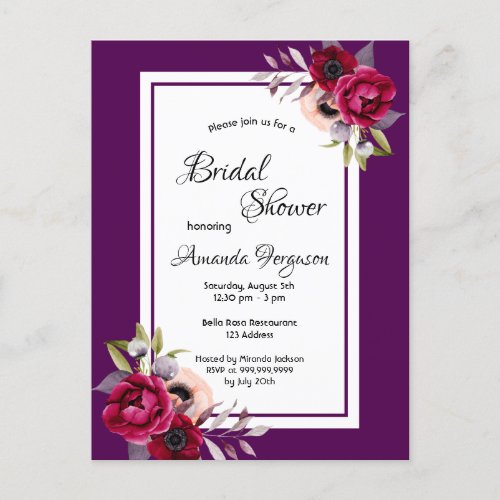 Purple burgundy florals bridal shower invitation postcard