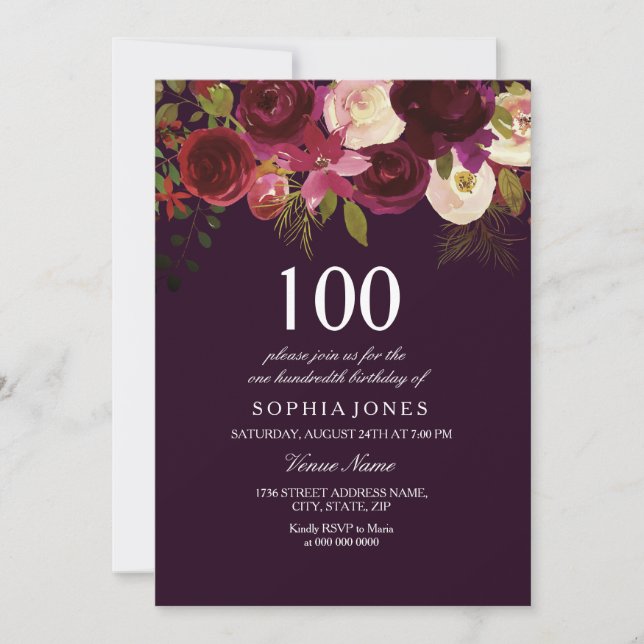 Purple Burgundy Flower 100th Birthday Party Invite (Front)