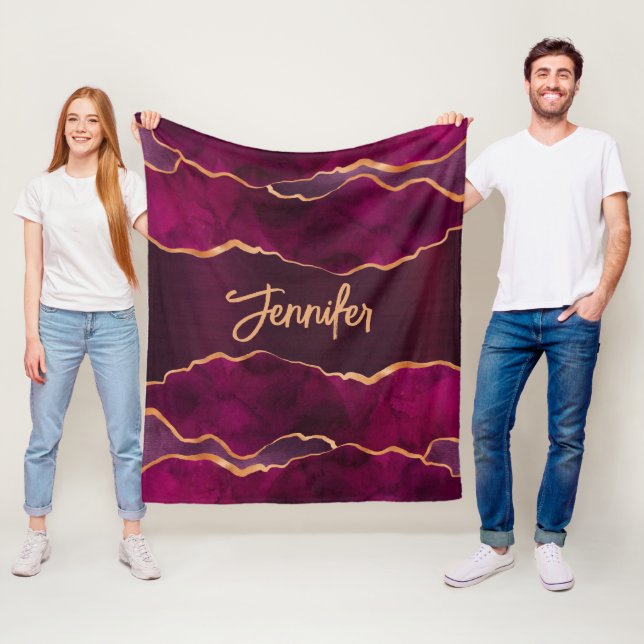 Purple burgundy gold agate marble name fleece blanket (In Situ)