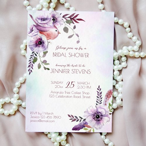 Purple burgundy lilac flowers with bird feathers i invitation
