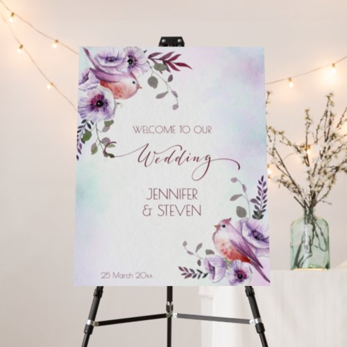 Purple burgundy lilac flowers with birds welcome foam board