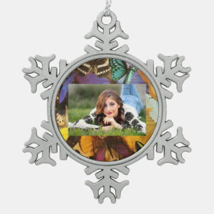 purple burgundy orange colorful tropical butterfly snowflake pewter christmas ornament