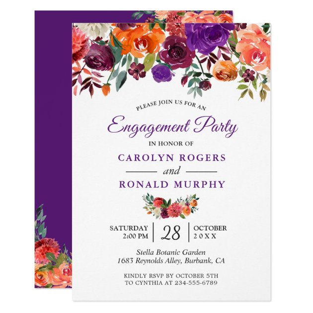 Purple Burgundy Orange Floral Engagement Party Invitation