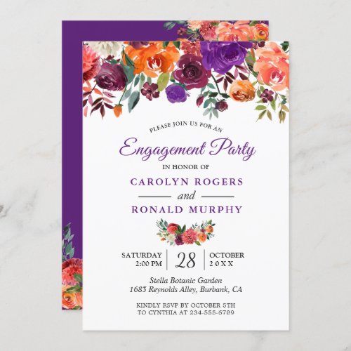 Purple Burgundy Orange Floral Engagement Party Invitation - Purple Burgundy Orange Floral Engagement Party Invitation. 
(1) For further customization, please click the "customize further" link and use our design tool to modify this template. 
(2) If you prefer Thicker papers / Matte Finish, you may consider to choose the Matte Paper Type. 
(3) If you need help or matching items, please contact me.