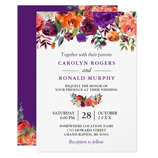 Purple Burgundy Orange Floral Vineyard Wedding Invitation