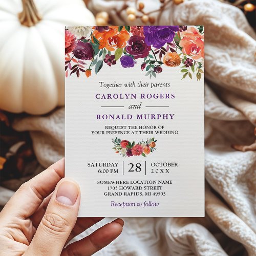 Purple Burgundy Orange Floral Vineyard Wedding Invitation