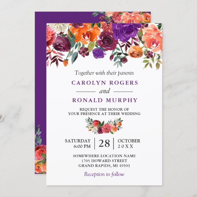 Purple Burgundy Orange Floral Vineyard Wedding Invitation (Front/Back)