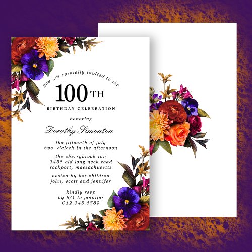 Purple Burgundy Yellow Floral 100th Birthday Party Invitation