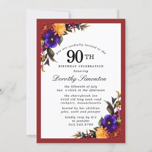 Purple Burgundy Yellow Floral 90th Birthday Party  Invitation