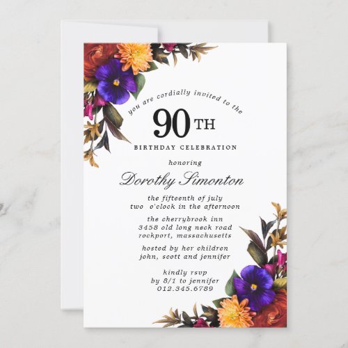 Purple Burgundy Yellow Floral 90th Birthday Party Invitation