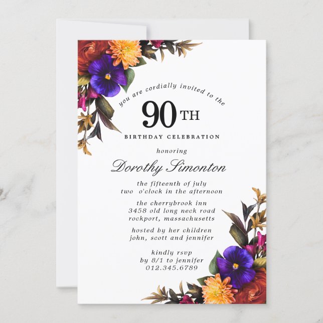 Purple Burgundy Yellow Floral 90th Birthday Party Invitation (Front)