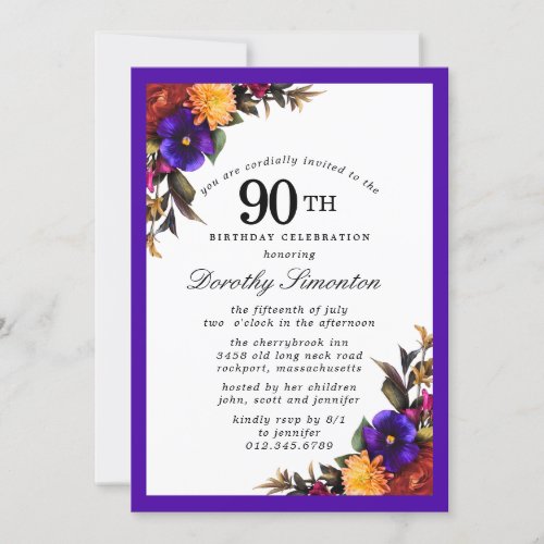 Purple Burgundy Yellow Floral 90th Birthday Party Invitation