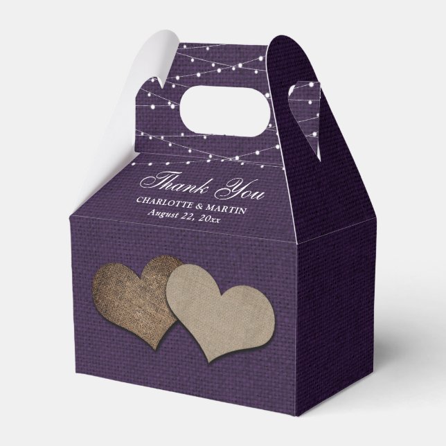Purple Burlap Heart Wedding Thank You Favor Boxes (Front Side)