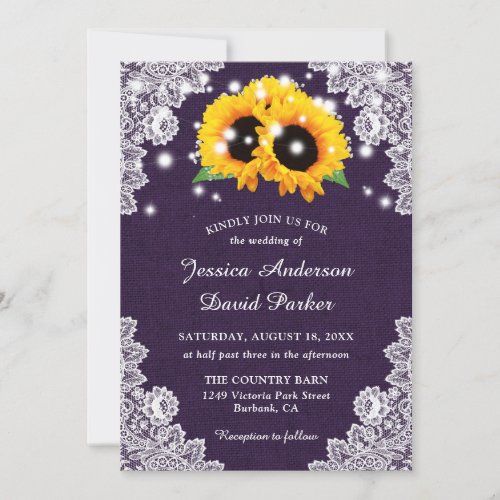 Purple Burlap Lace String Lights Sunflower Wedding Invitation