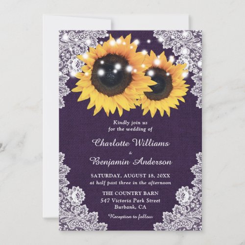 Purple Burlap Lace Sunflower Wedding Invitation