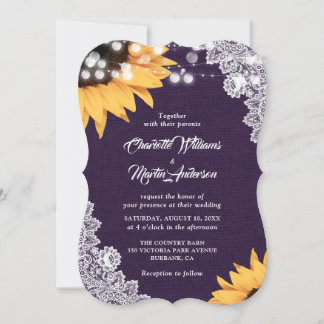 Purple Burlap Lace Sunflower Wedding Invitations