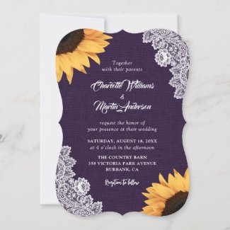 Purple Burlap Lace Sunflower Wedding Invitation