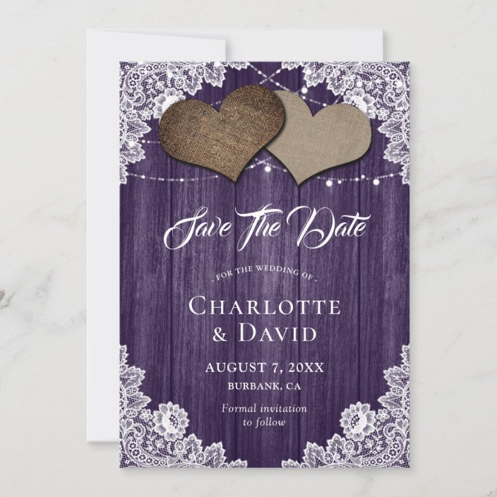 Purple Burlap Lace Wedding Save The Date Card