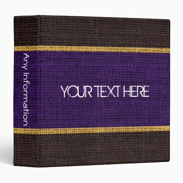 Purple Burlap Linen Rustic Jute 3 Ring Binder (Front/Spine)