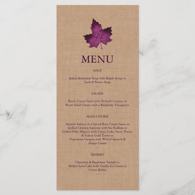 Purple Burlap Monogrammed Menu (Front)