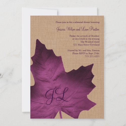 Purple Burlap Monogrammed Rehearsal Dinner Invite