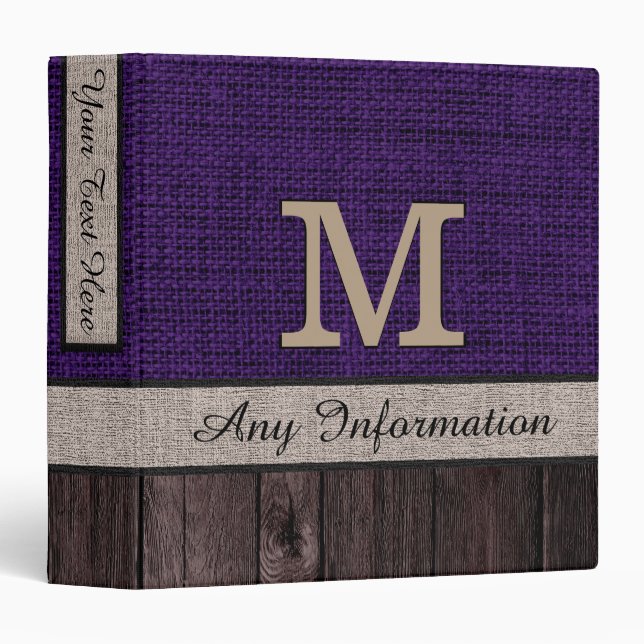Purple Burlap Rustic Jute Look Wood Binder (Front/Spine)