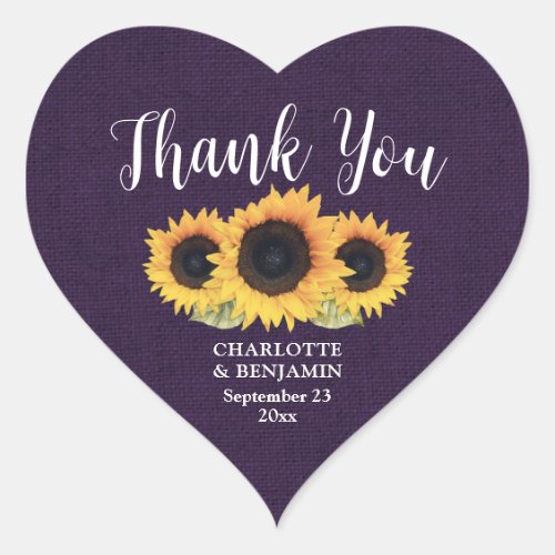 Purple Burlap Rustic Sunflower Wedding Thank You Heart Sticker
