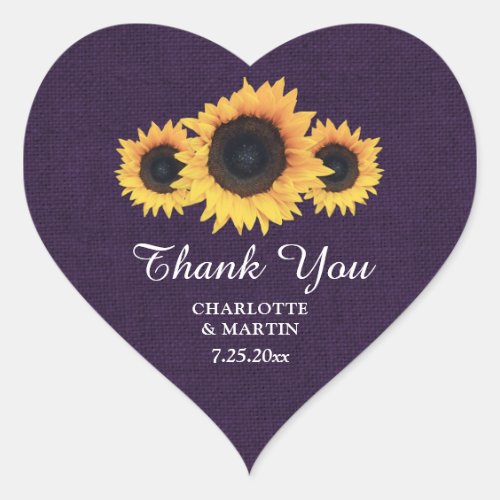 Purple Burlap Rustic Sunflower Wedding Thank You Heart Sticker