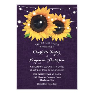 Purple Burlap String Lights Sunflower Wedding Invitation