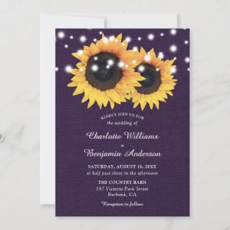 Purple Burlap String Lights Sunflower Wedding Invitation