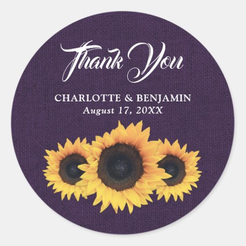 Purple Burlap Sunflower Wedding Thank You Classic Round Sticker