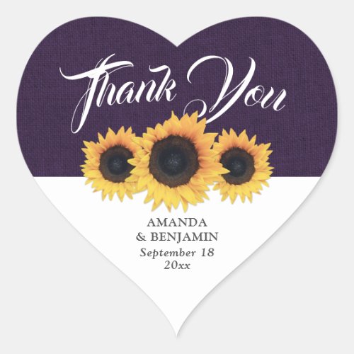 Purple Burlap Sunflower Wedding Thank You Heart Sticker