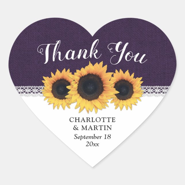Purple Burlap Sunflower Wedding Thank You Heart Sticker (Front)