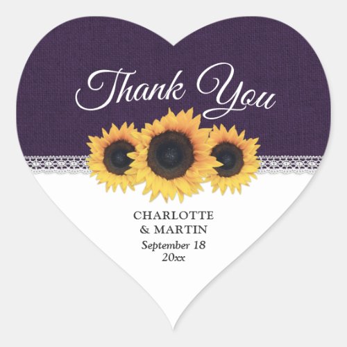 Purple Burlap Sunflower Wedding Thank You Heart Sticker