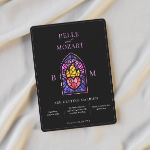 Purple burning heart stained glass art wedding  invitation
