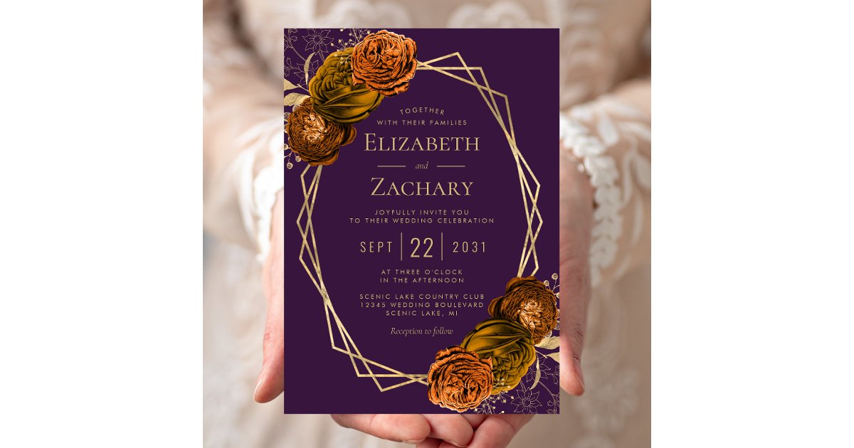 Purple Burnt Orange Floral Gold Geometric Wedding Invitation | Zazzle